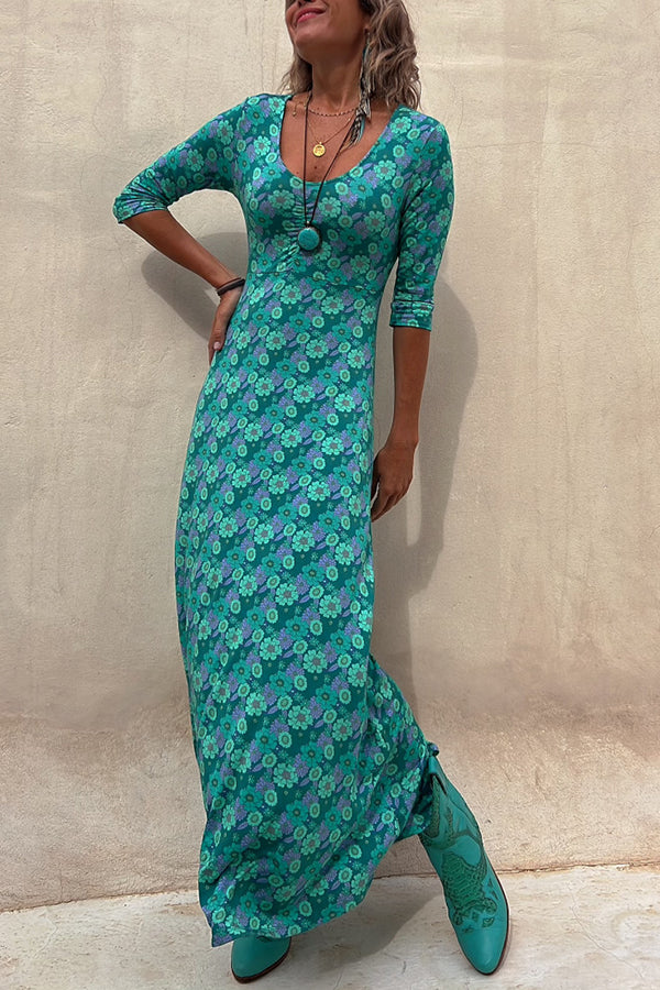 Floral Half Sleeve Elastic Maxi Dress - Fashionpara