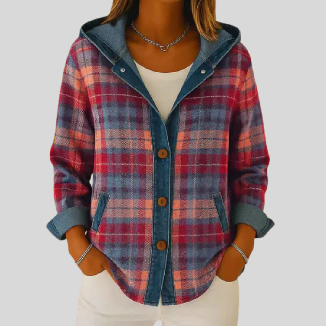 Plaid Hooded Denim Contrast Button Front Shacket 3