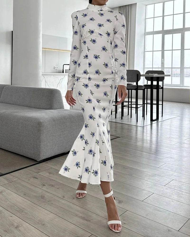 Elegant Half-Collar Floral Print Dress - Fashionpara