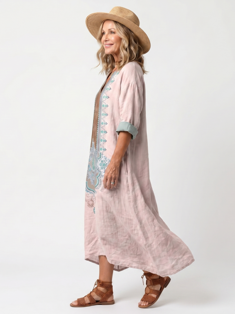 Placement Print V-Neck Pocket Kaftan Midi Dress 3