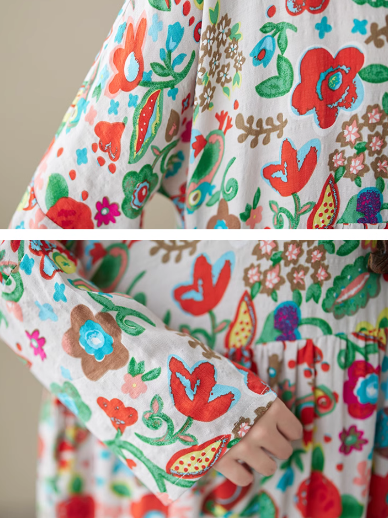 Chic Bohemian Long-sleeved floral Smock Dress - Fashionpara
