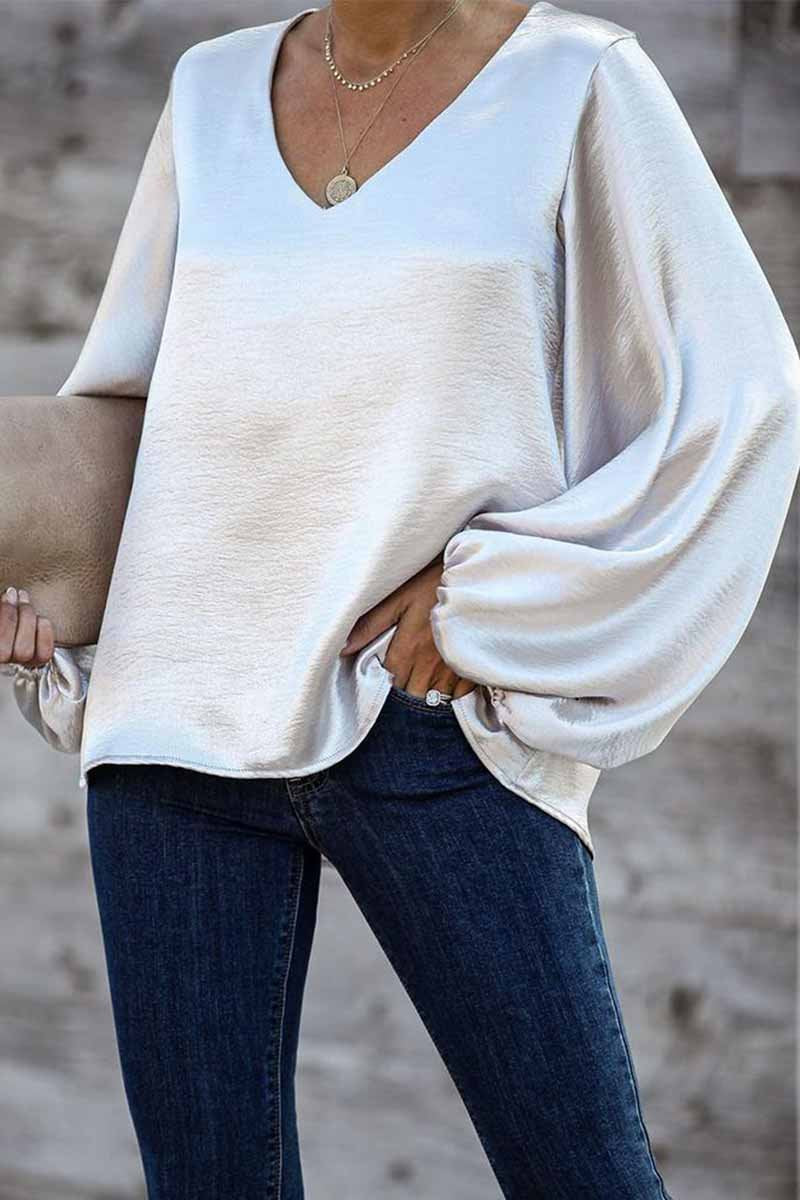Florcoo V-Neck Tops With Puff Sleeves - Fashionpara
