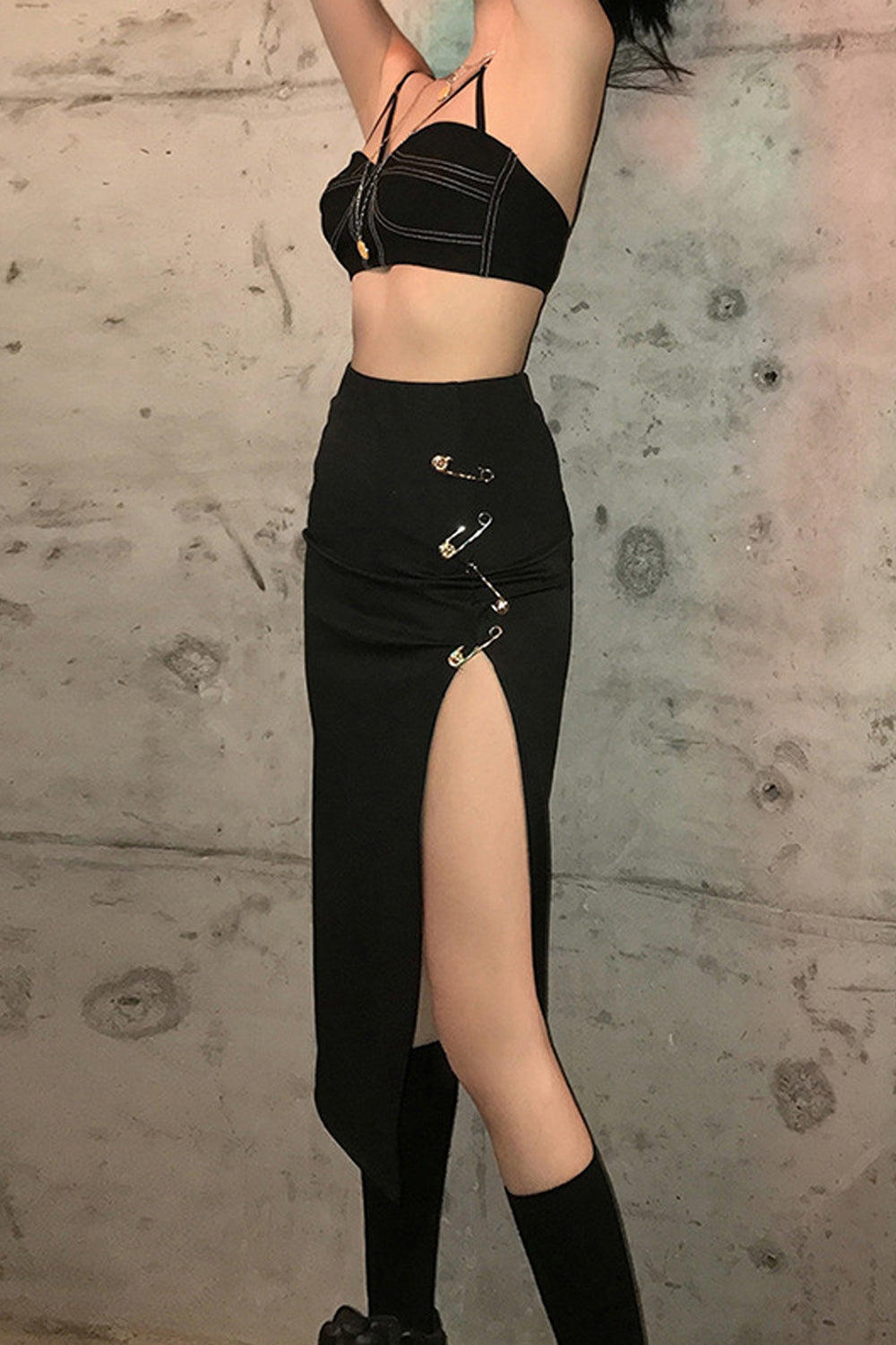 KittenAlarm - High Waist Pins Buckle Long Split Skirt