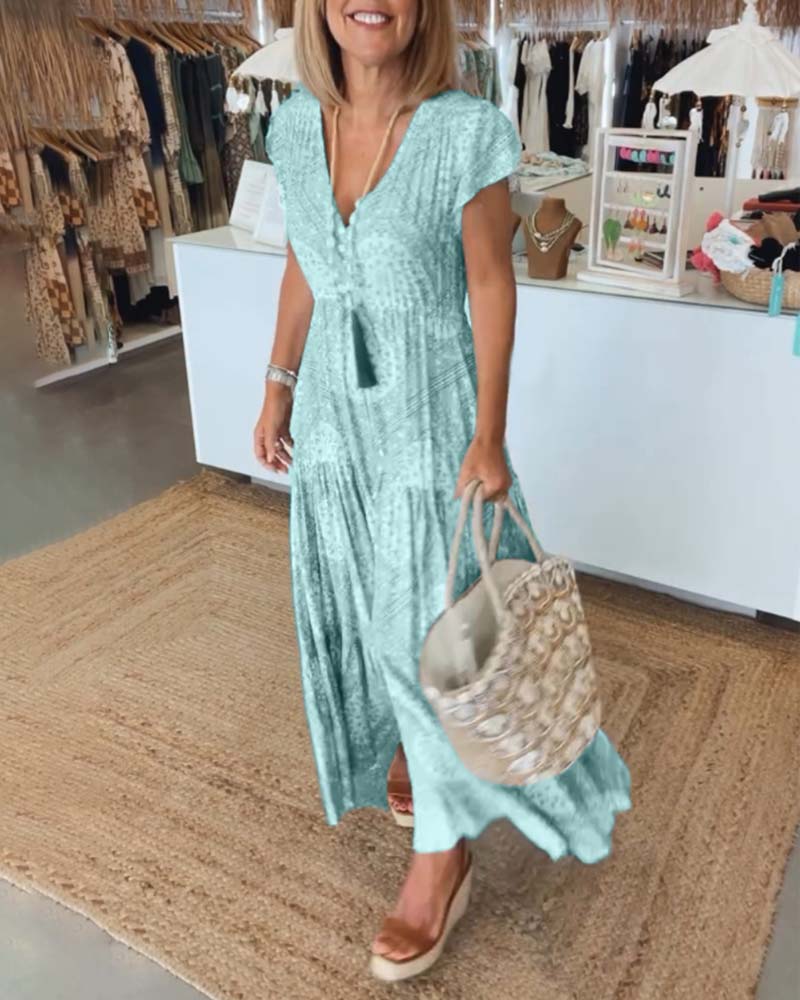V-Neck Flutter Sleeve Buttoned Tiered Boho Maxi Dress - View 10
