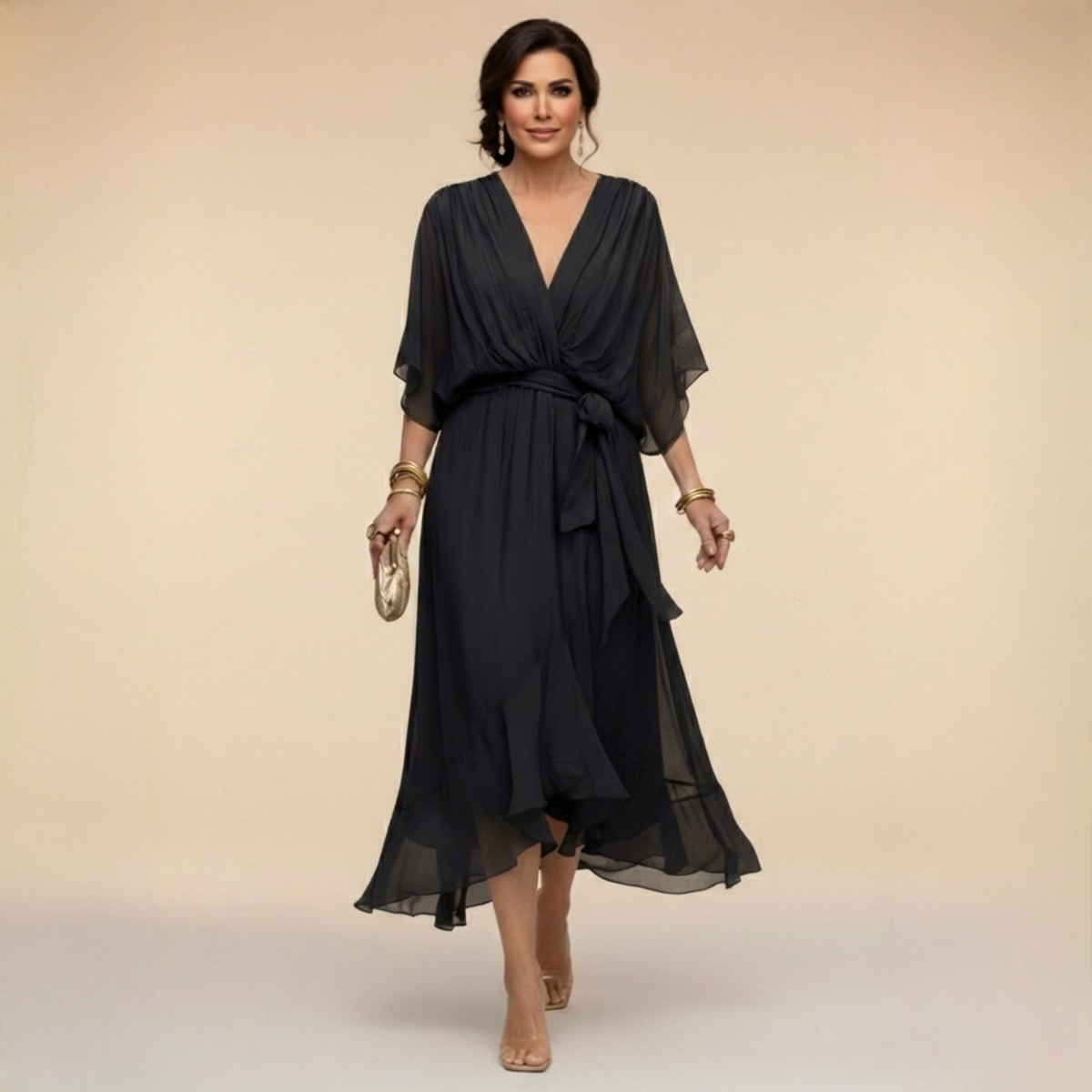 Deep V-Neck Kimono Sleeve Belted Ruffle Wrap Midi Dress 4