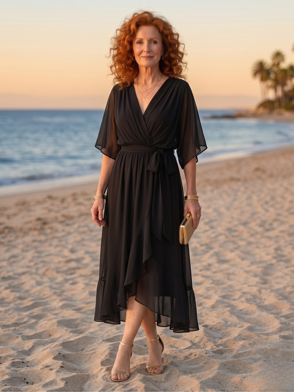 V-Neck Half Sleeve Belted Wrap High Low Midi Dress 3