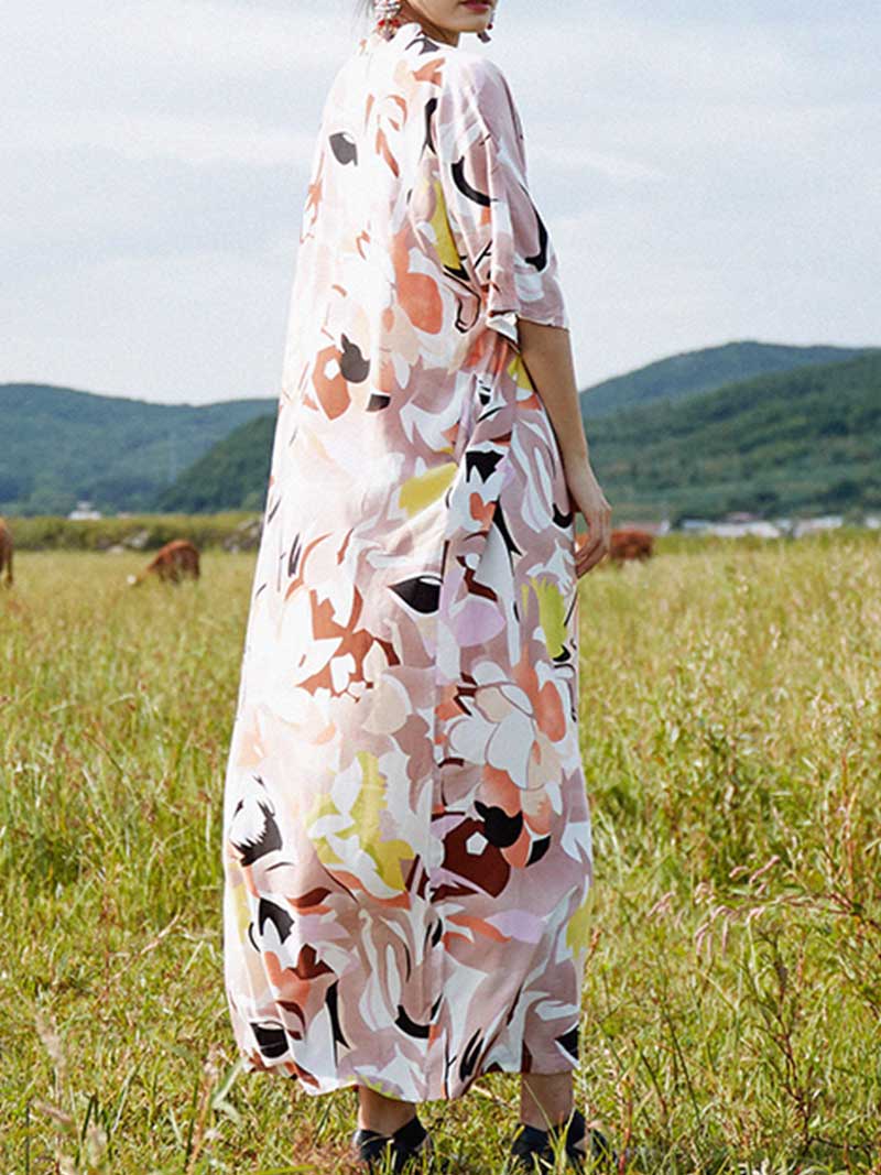 Multicolor Cotton Half Sleeves Kaftan Dress - Fashionpara