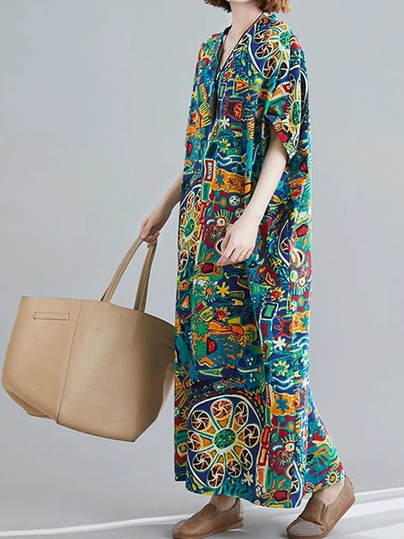 Printed V-Neck Short-Sleeve Kaftan Maxi Dress 3