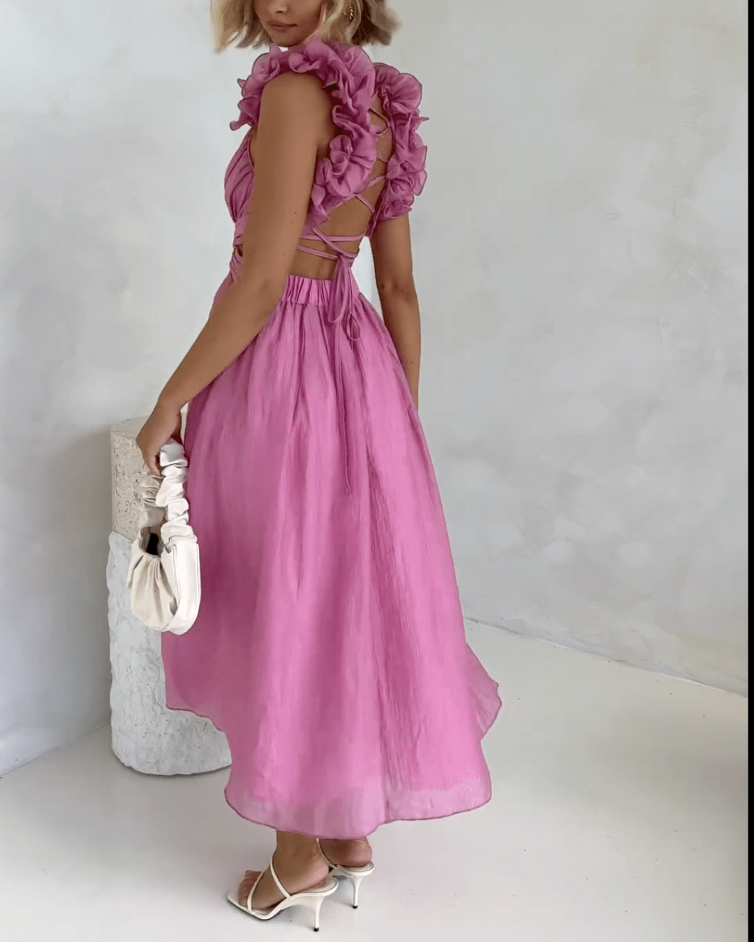 Floral Ruffle Detail Back Lace-Up Elastic Waist Maxi Dress - Fashionpara