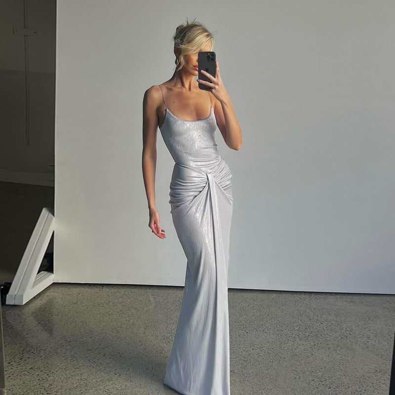 Shimmer Scoop-Neck Spaghetti-Strap Ruched Maxi Dress