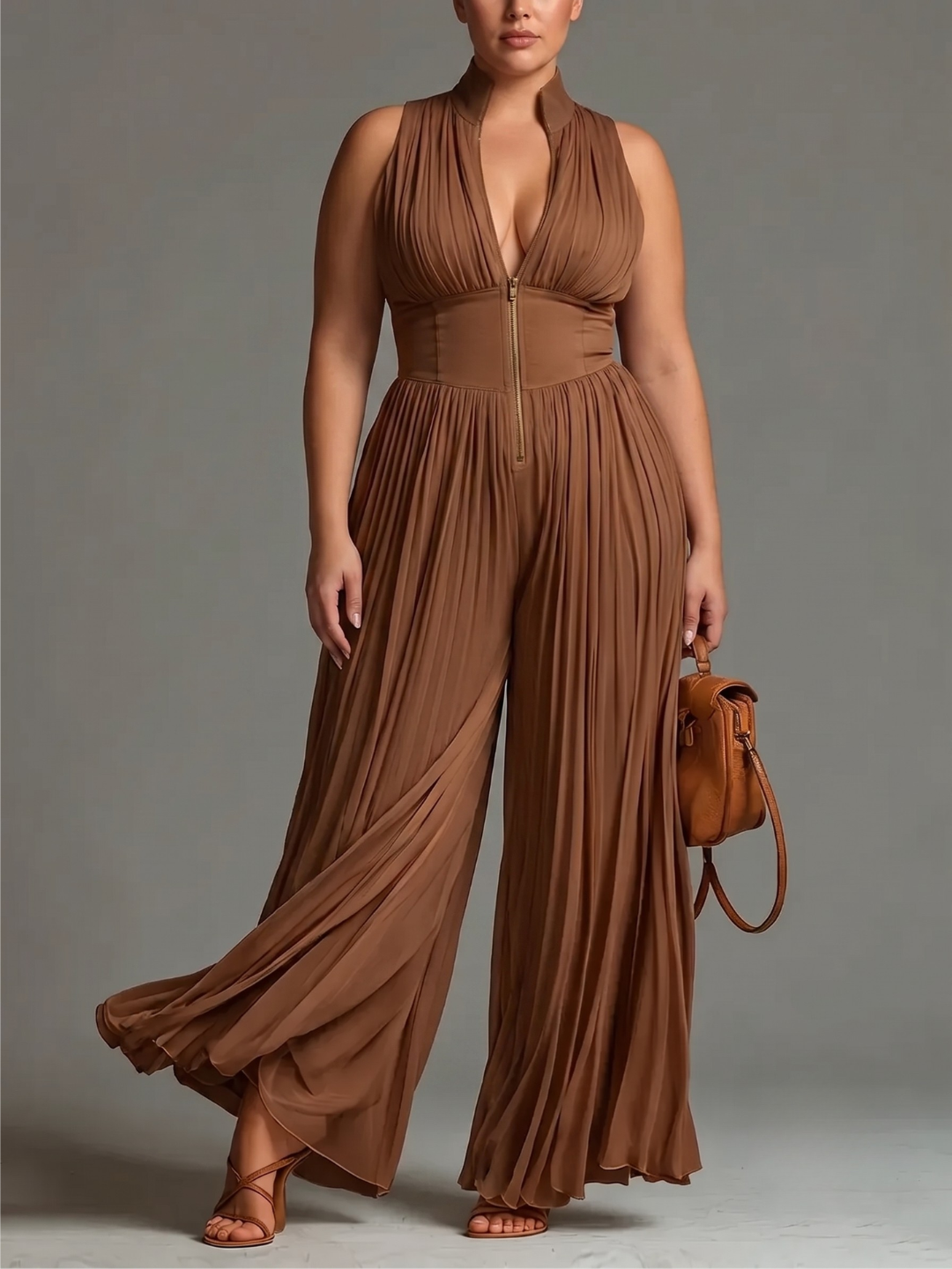High Neck Zip Front Pleated Wide Leg Jumpsuit 12