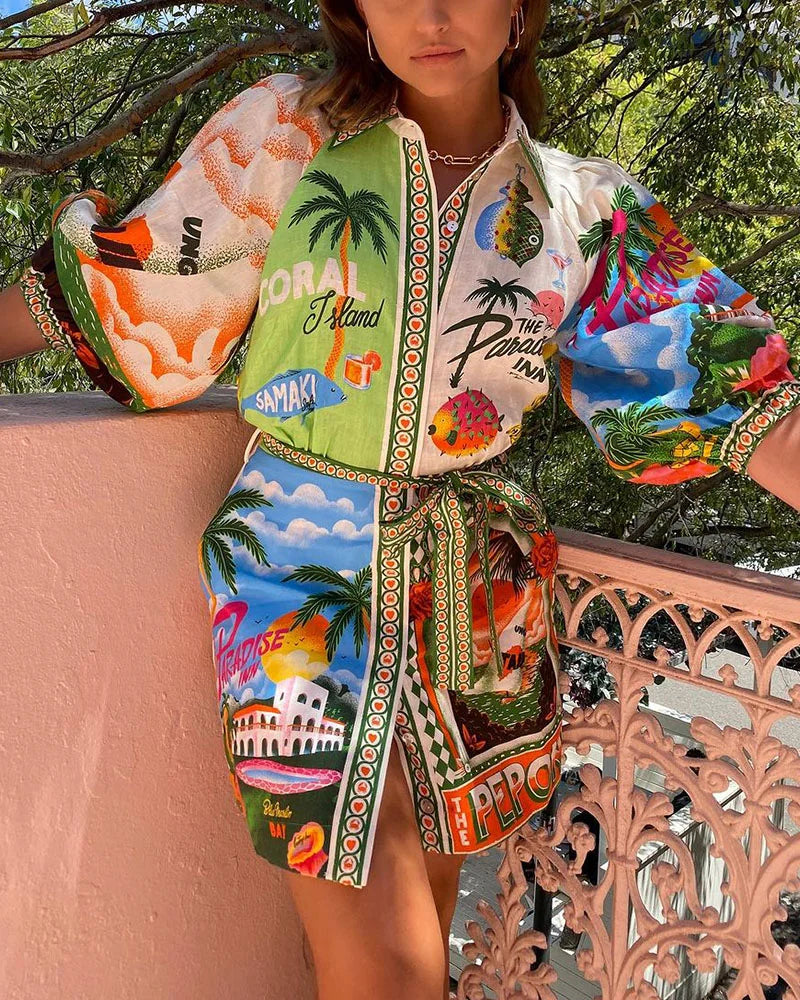 Puzzle Contrast Resort Print Mini Dress - Fashionpara