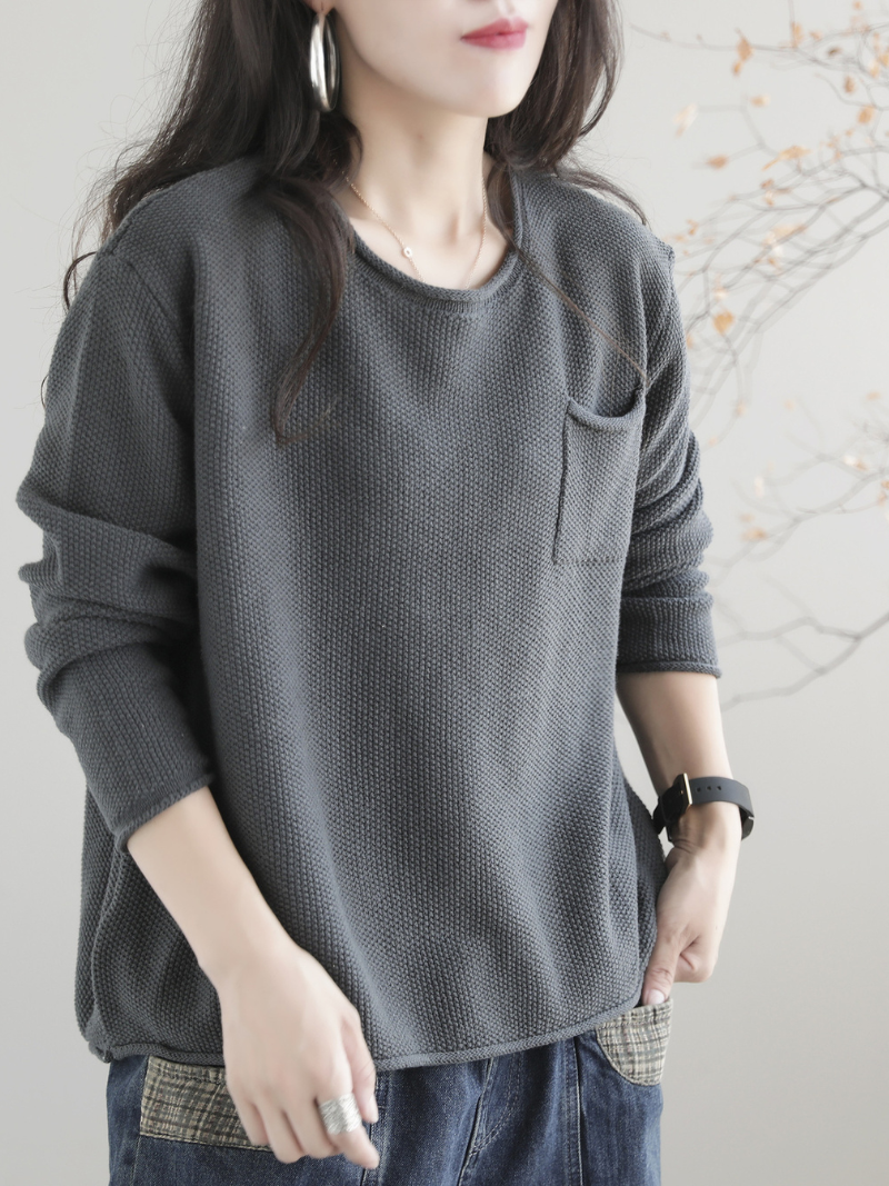 Knitted Small Pocket Solid Color Casual Loose Retro Sweater Top 3