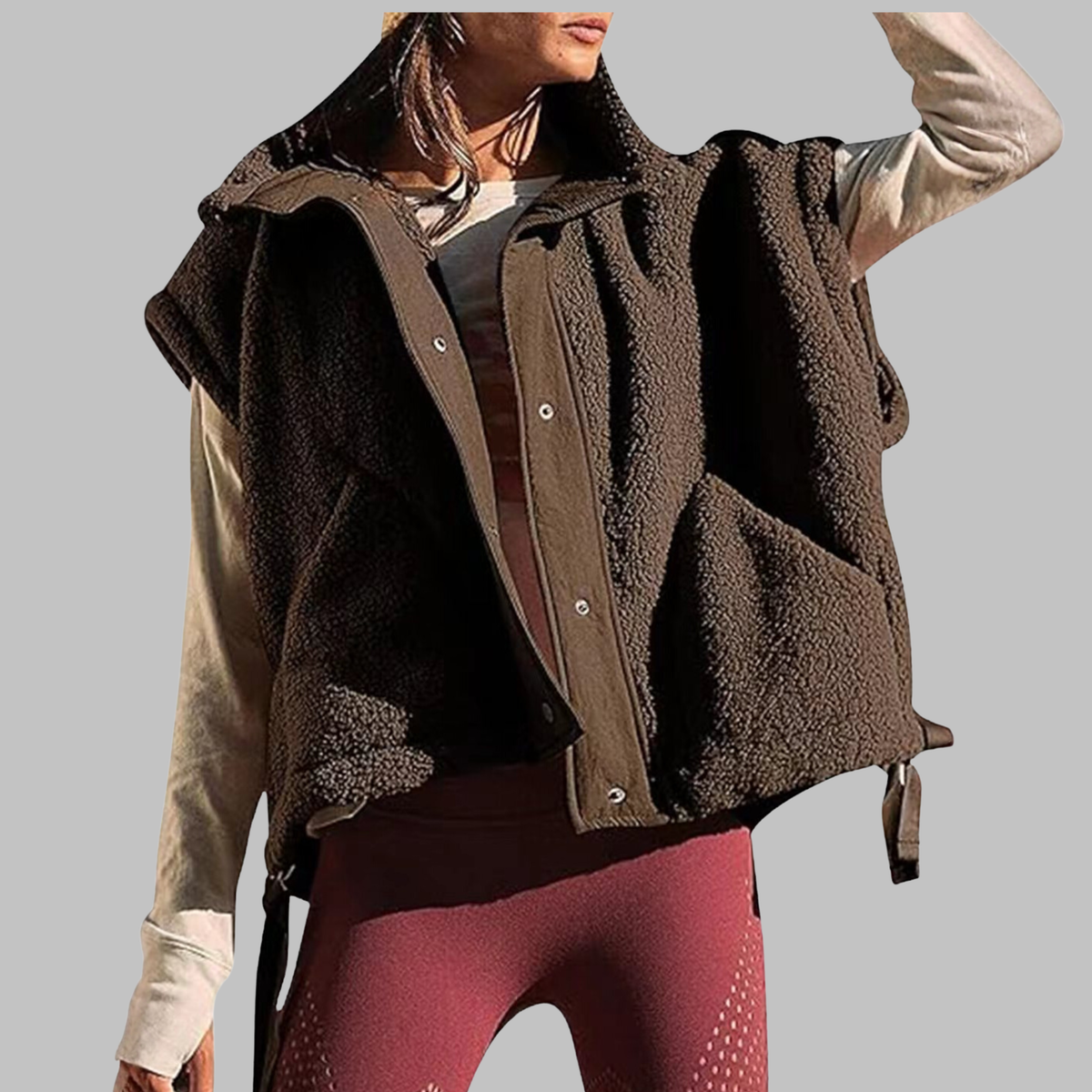 Fleece Stand Collar Button Front Sleeveless Vest 3