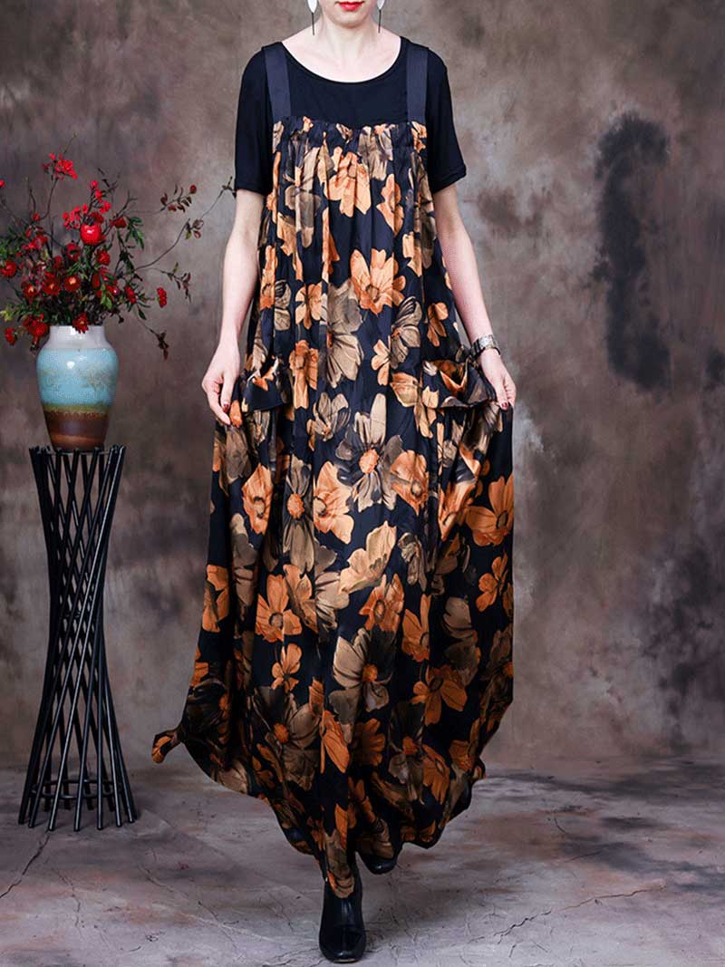Always Glowing Printed Pleated Pocket Maxi Salopette Dress - Fashionpara