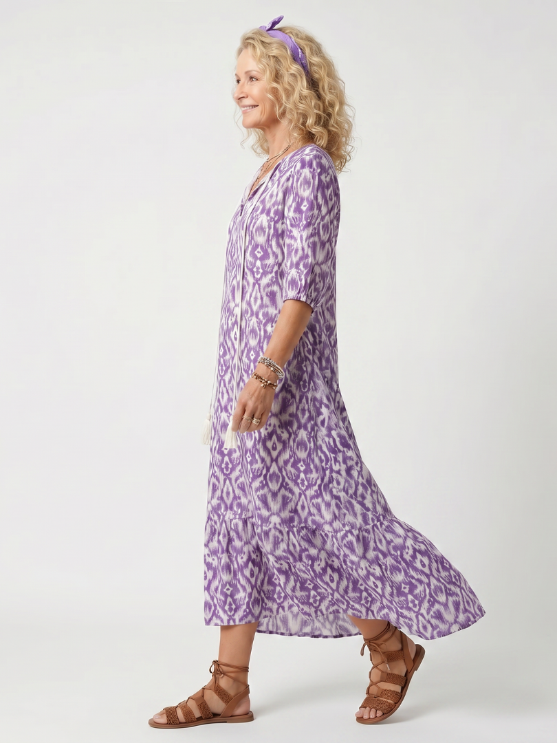 Ikat Print Tassel Tie Neck Puff Sleeve Tiered Midi Dress 2