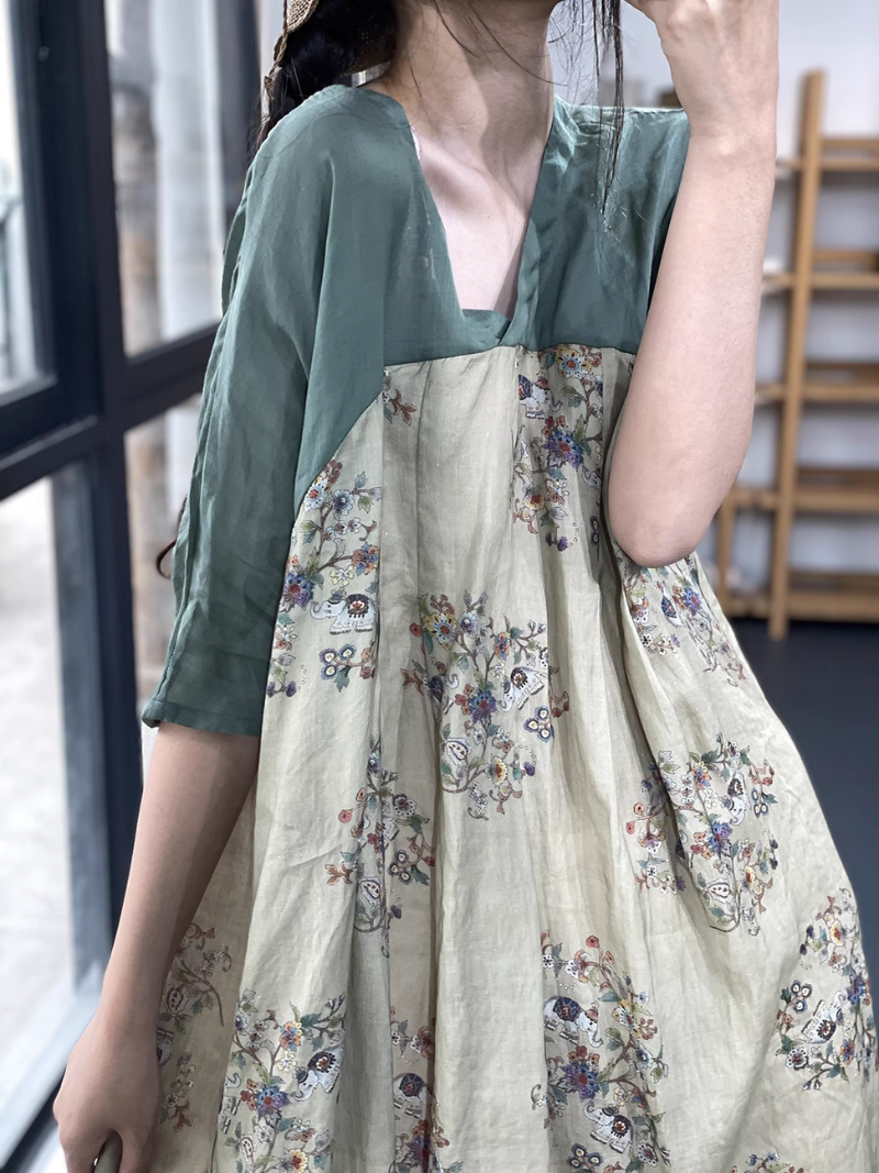 V-neck Retro Printing A-Line Dress - Fashionpara