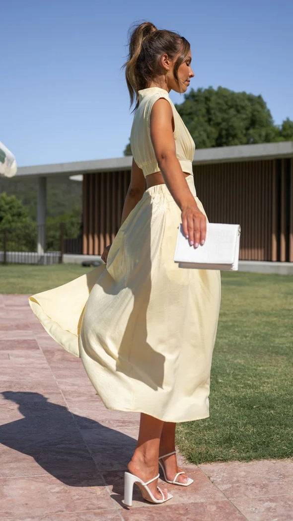 Mock Neck Cap Sleeve Waist Cut-Out A-Line Midi Dress 3