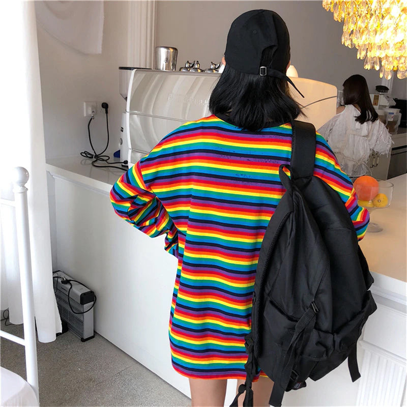 KittenAlarm - Long Sleeve Rainbow Striped Loose Sweatshirt
