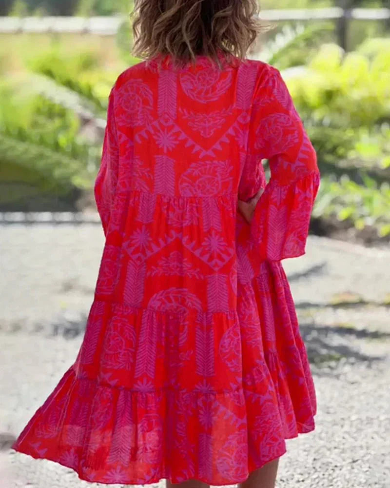 Bell Sleeve Ruffle Cuff Deep V-Neck Tiered Shift Mini Dress - View 3
