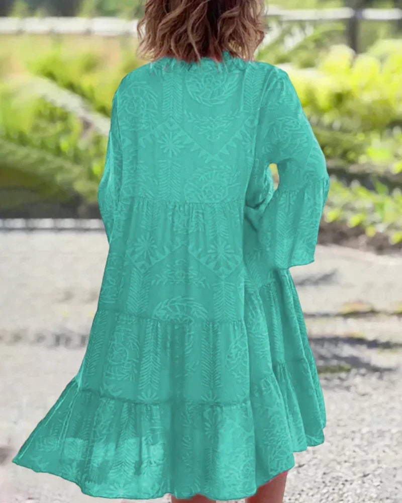 Bell Sleeve Ruffle Cuff Deep V-Neck Tiered Shift Mini Dress - View 7