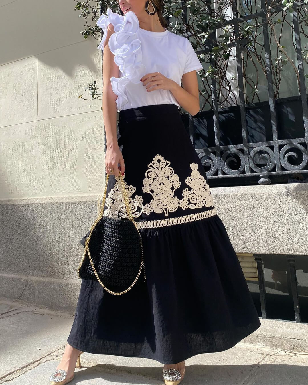 Linen Blend Ethnic Print Patchwork Embroidered Skirt - Fashionpara