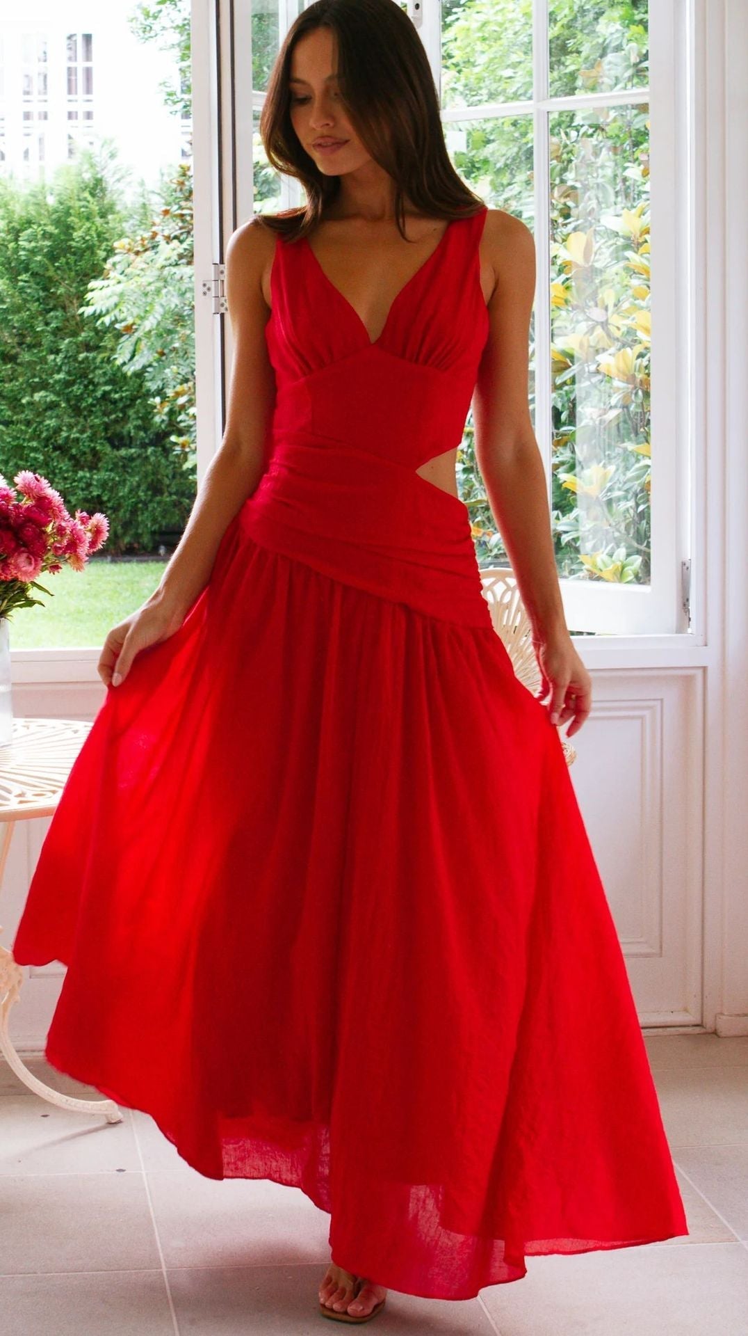 V-Neck Side-Cutout Crossover Waist Flowy Maxi Dress 3