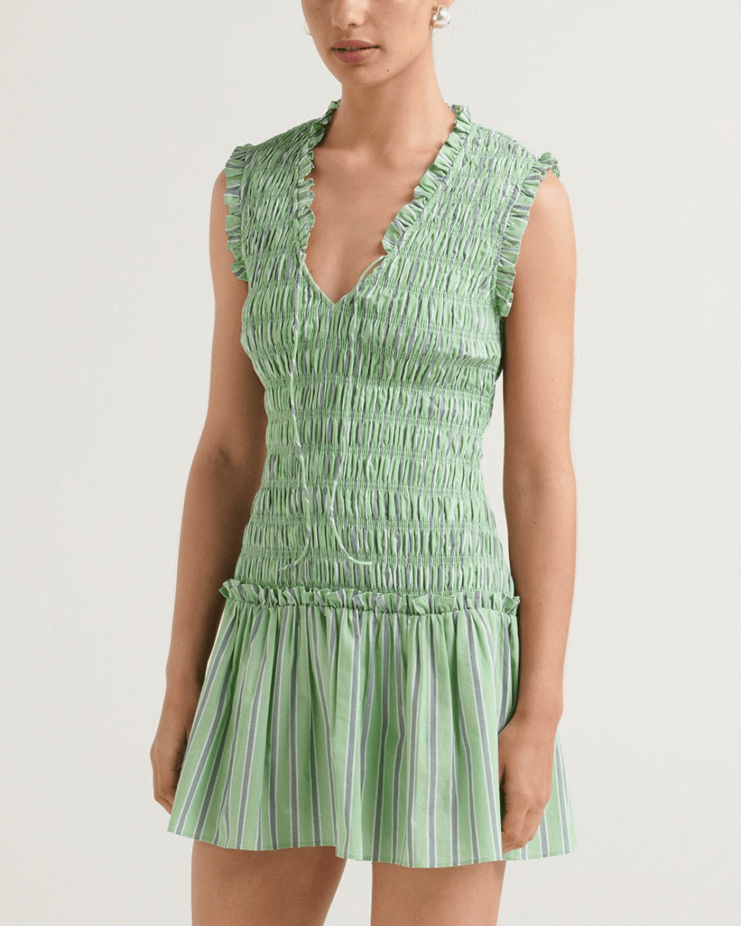 V-neckline Smocked Mini Dress - Fashionpara