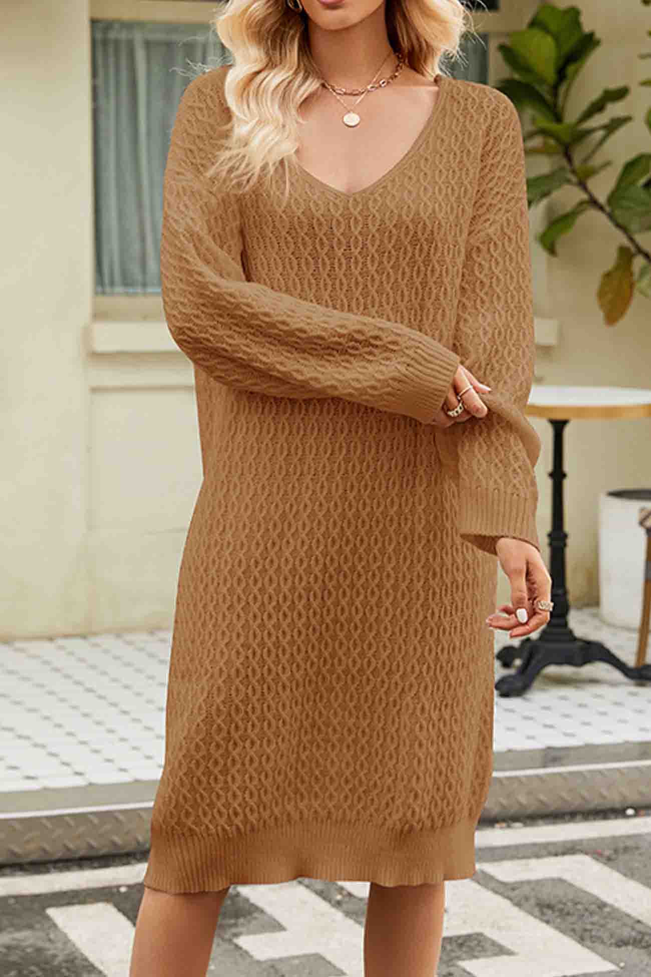 AROLORA Solid Color Long Knitted Midi Sweater Dress
