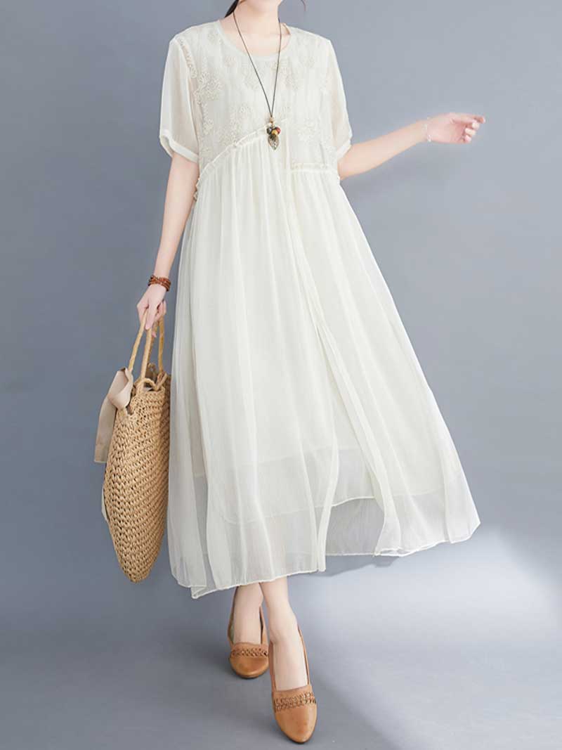 Embroidered Silk Round-Neck A-Line Dress - Fashionpara