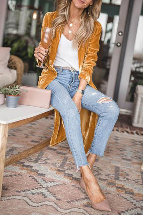 Stylish Open Front Long Sleeve Velvet Long Coat - Fashionpara