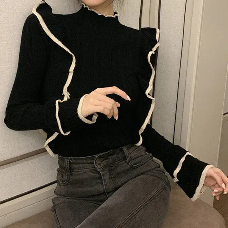 KittenAlarm - Vintage Ruffles Solid Slim Sweater