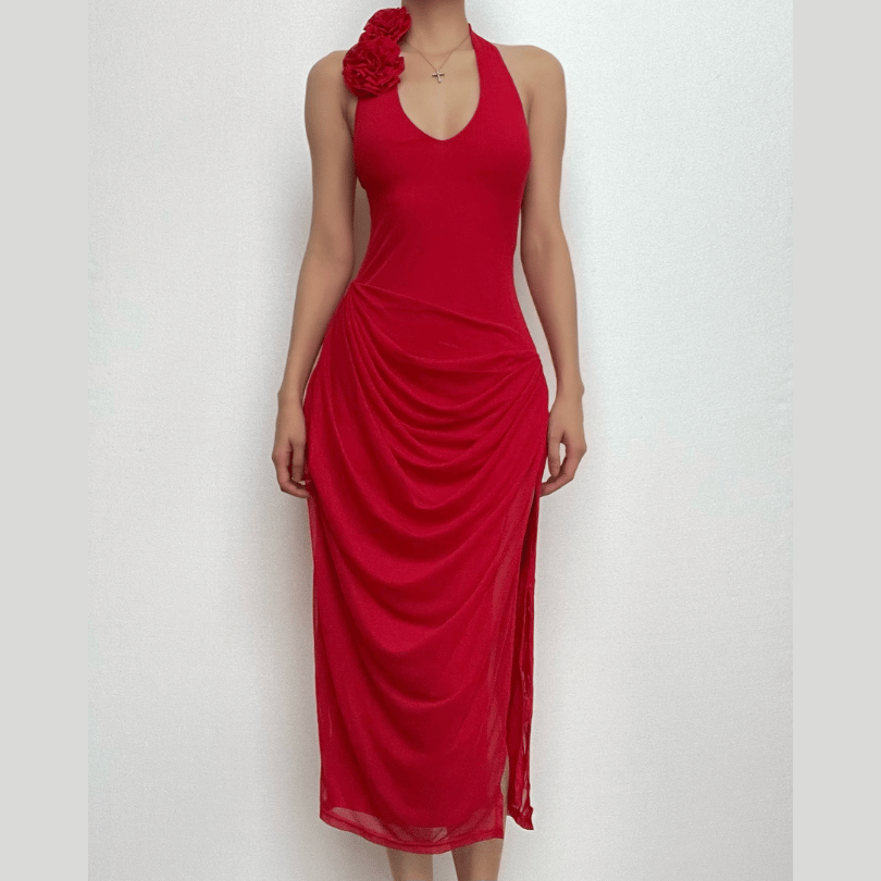 Halter Deep V-Neck Rosette Ruched High Split Midi Dress - View 2