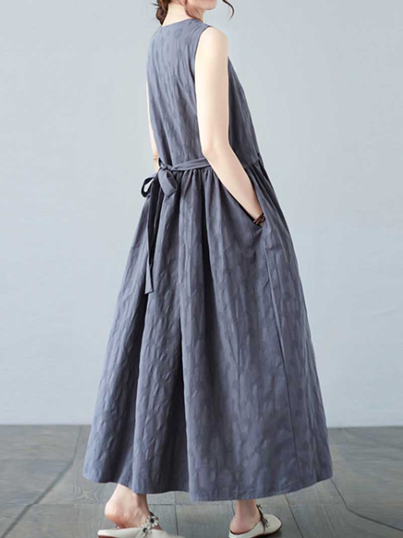 Textured Jacquard V-Neck Sleeveless Pleated A-Line Midi Dress 3
