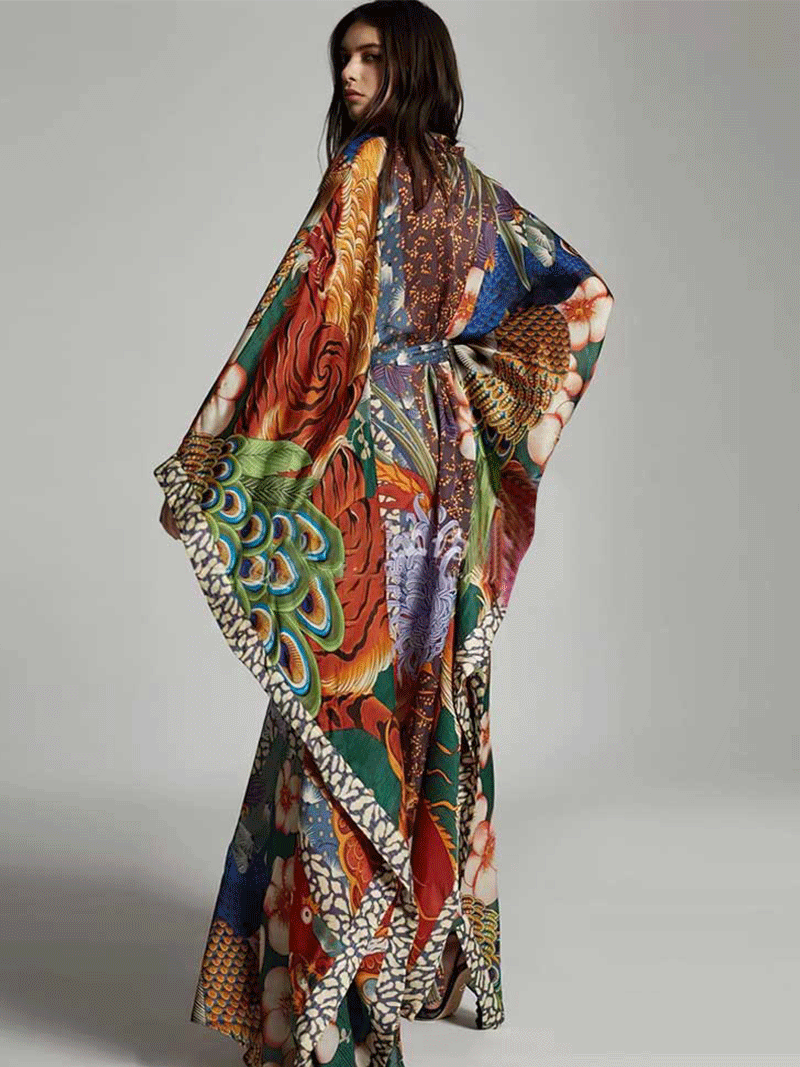 Partywear Peacock Print Polyester Long Kimono Duster 3
