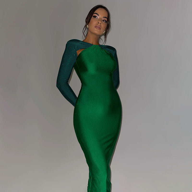 Rhinestone One-Sleeve Cutout Bodycon Maxi Dress 3