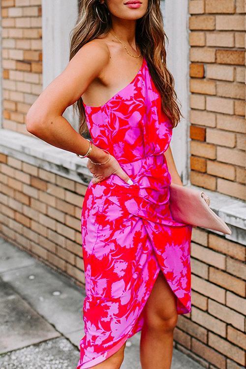 Casual One Shoulder Printed Tulip Hem Dress - Fashionpara
