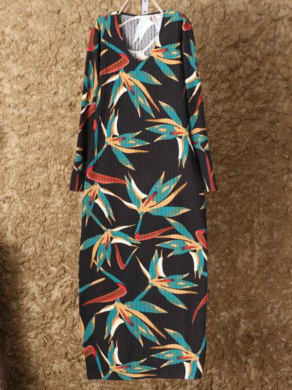 Tropical Leaf Print V-Neck Long Sleeve Shift Maxi Dress
