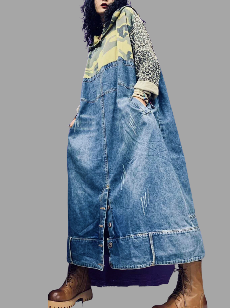 Camo Leopard Patchwork Hooded Denim Maxi Dress 3