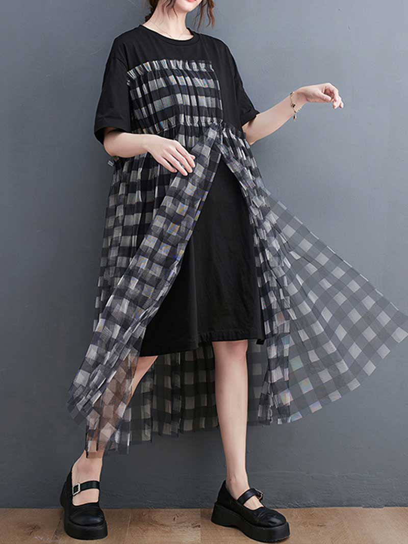 Plaid Round Neck Short Sleeves Smock Dress - Fashionpara