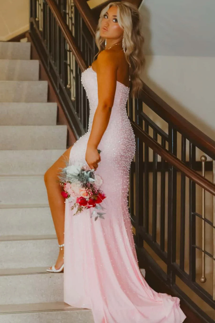 Pink Strapless Beaded Scoop Side Slit Mermaid Long Prom Dress - Fashionpara