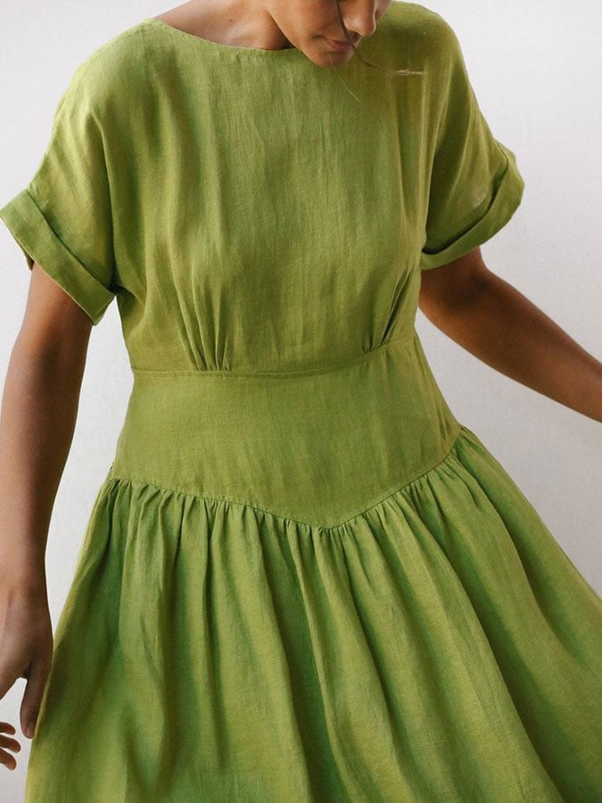 2023 New Linen Grass Green Midi Dress - Fashionpara