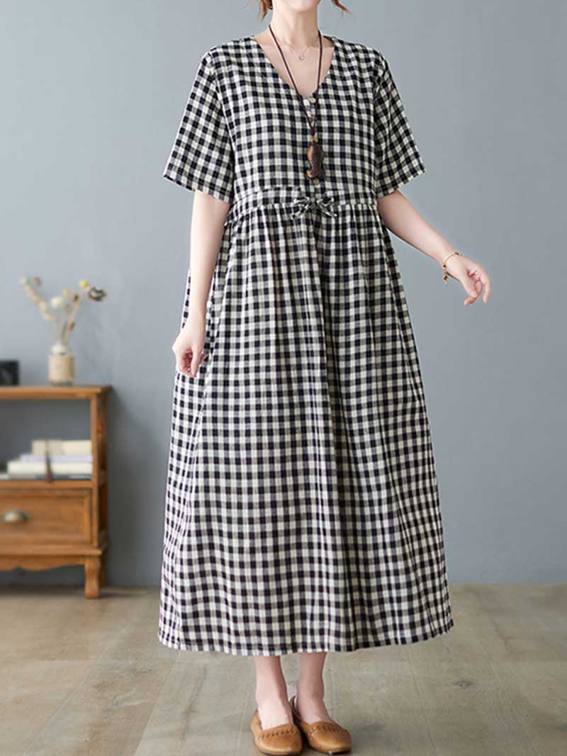 Feel Ambitious Plaid Cotton Smock Dress - Fashionpara