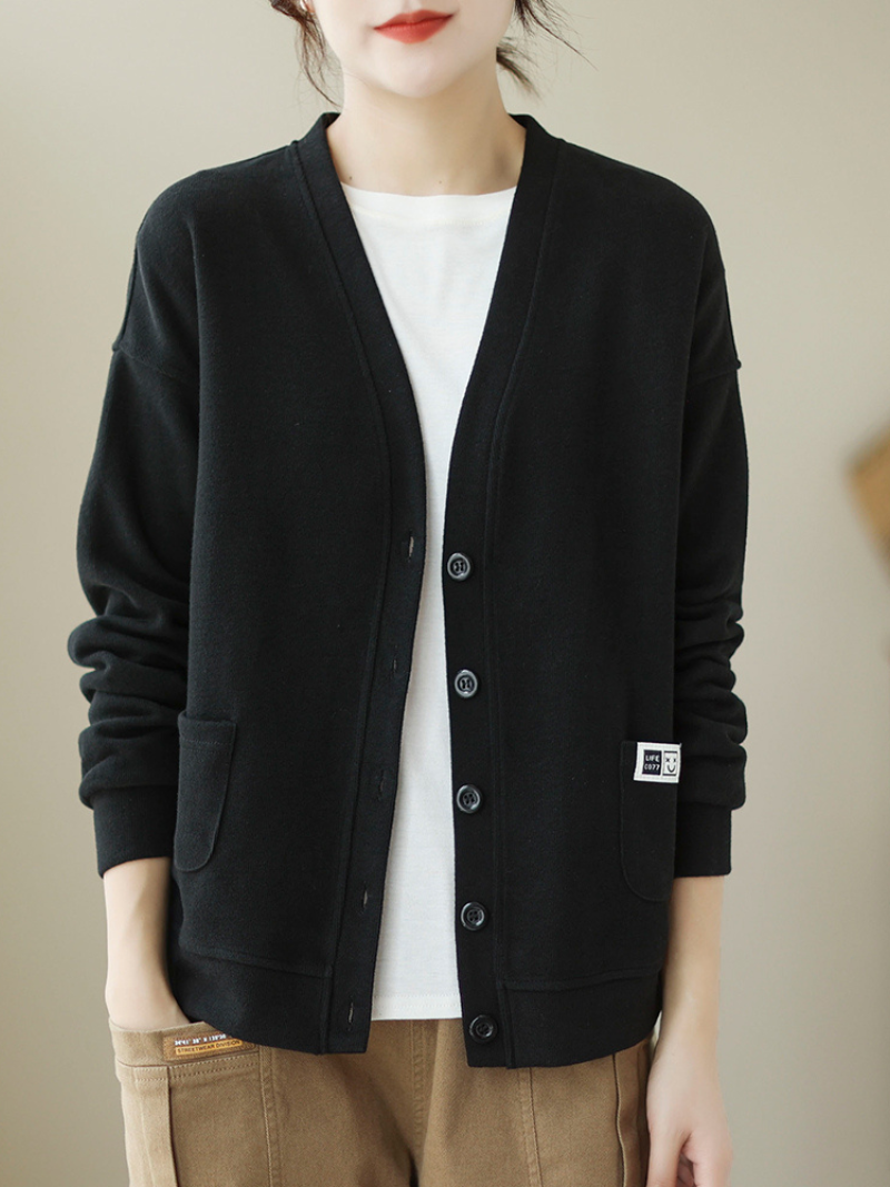 V-Neck Long-Sleeved Sweater Top Loose Solid Color Cardigan Button Sweater Jacket - Fashionpara