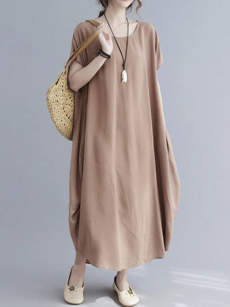 Cotton Round Neck Short Sleeve Cocoon Midi Dress 7