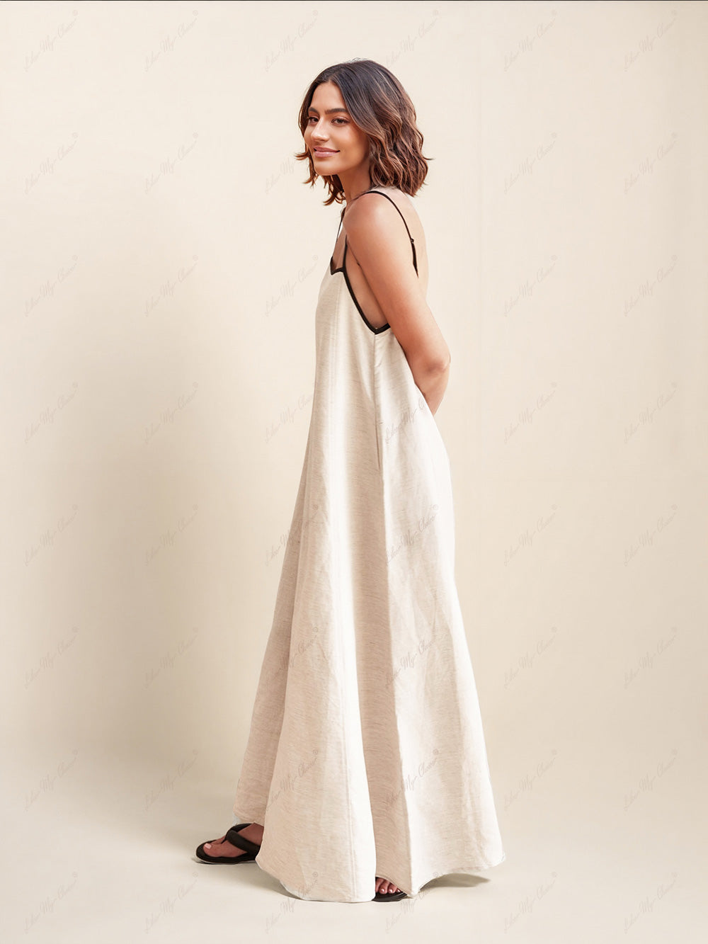 Linen Contrast Trim Strappy A-Line Maxi Dress 4
