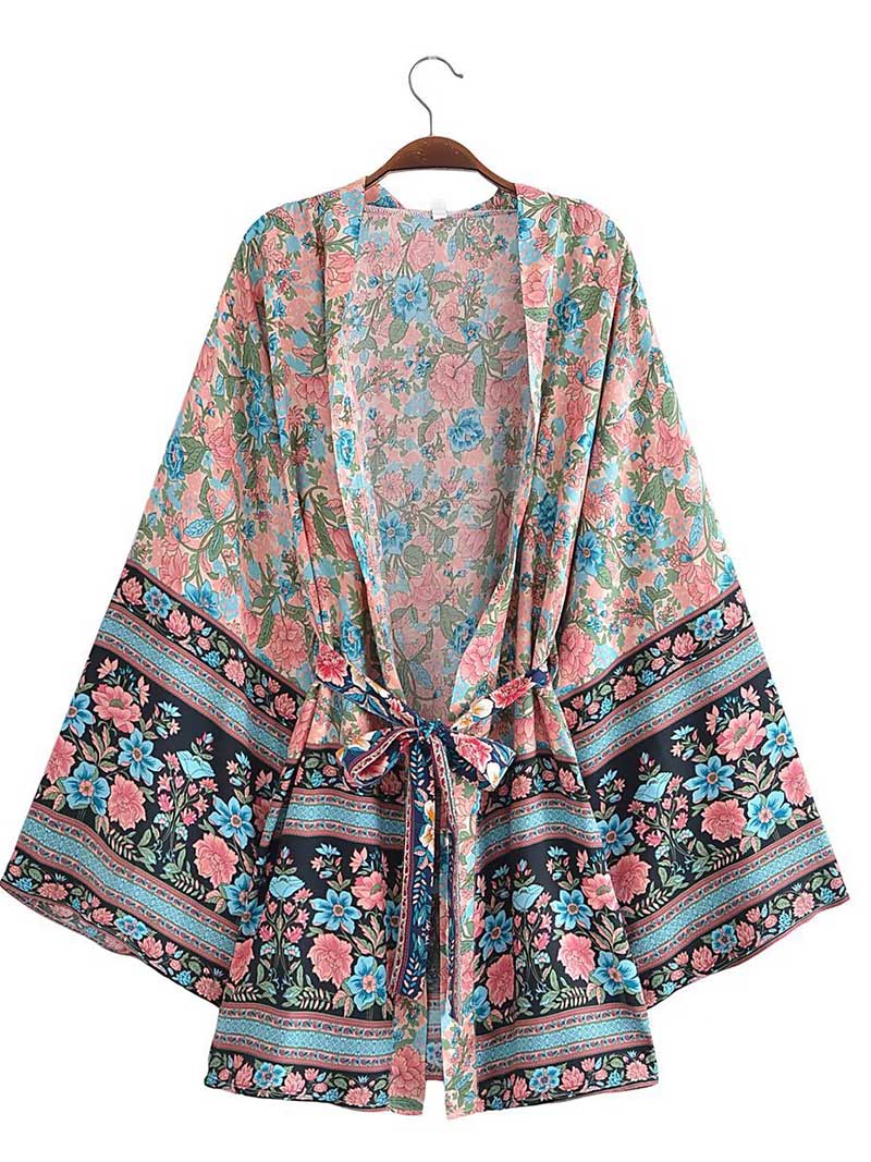 Short Kimono With Floral Print Blue, Pink, & White Color Gown Kimono Robe - Fashionpara