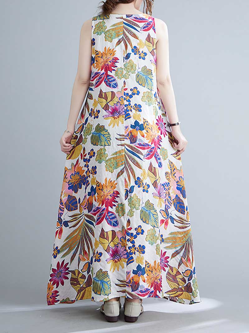 Sleeveless Cotton Floral A-Line Dress - Fashionpara