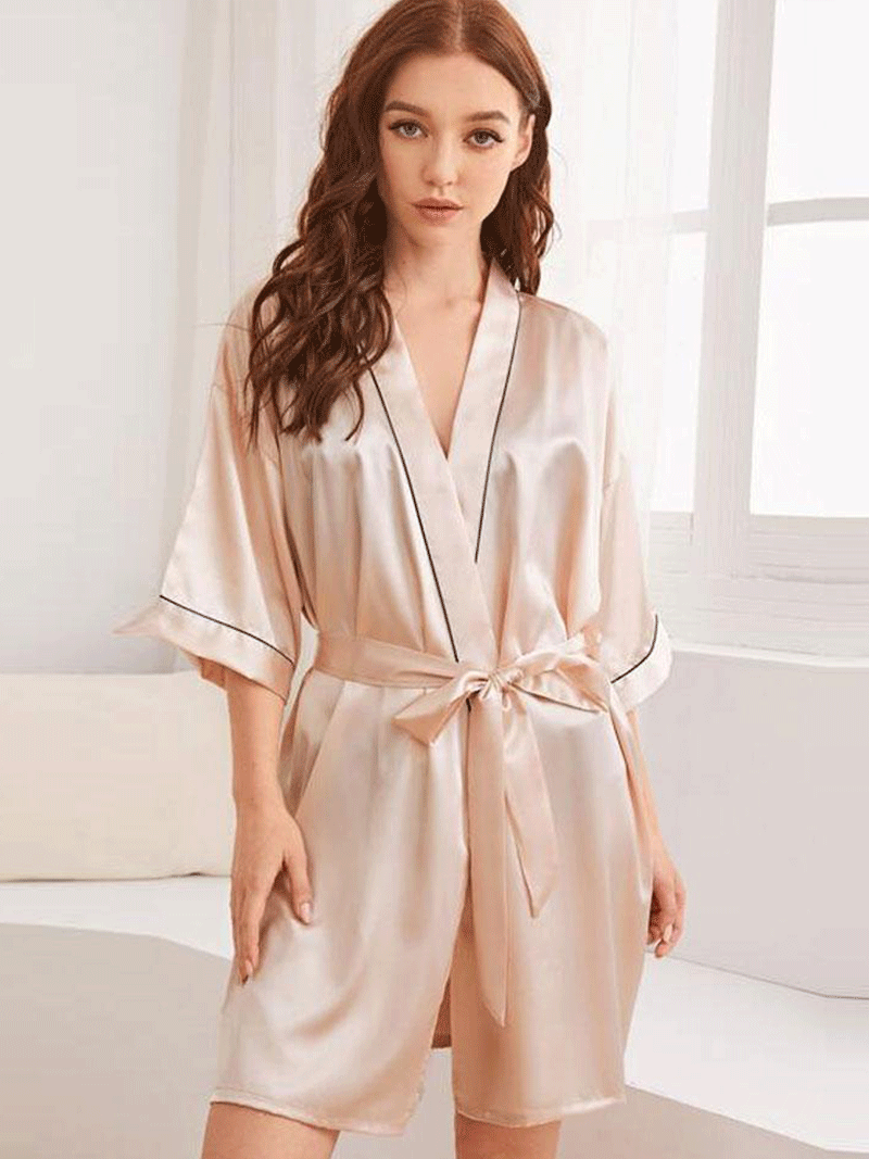 Silk Kimono Robe Plain Beige Color Short Length Gown Kimono Duster Robe - Fashionpara