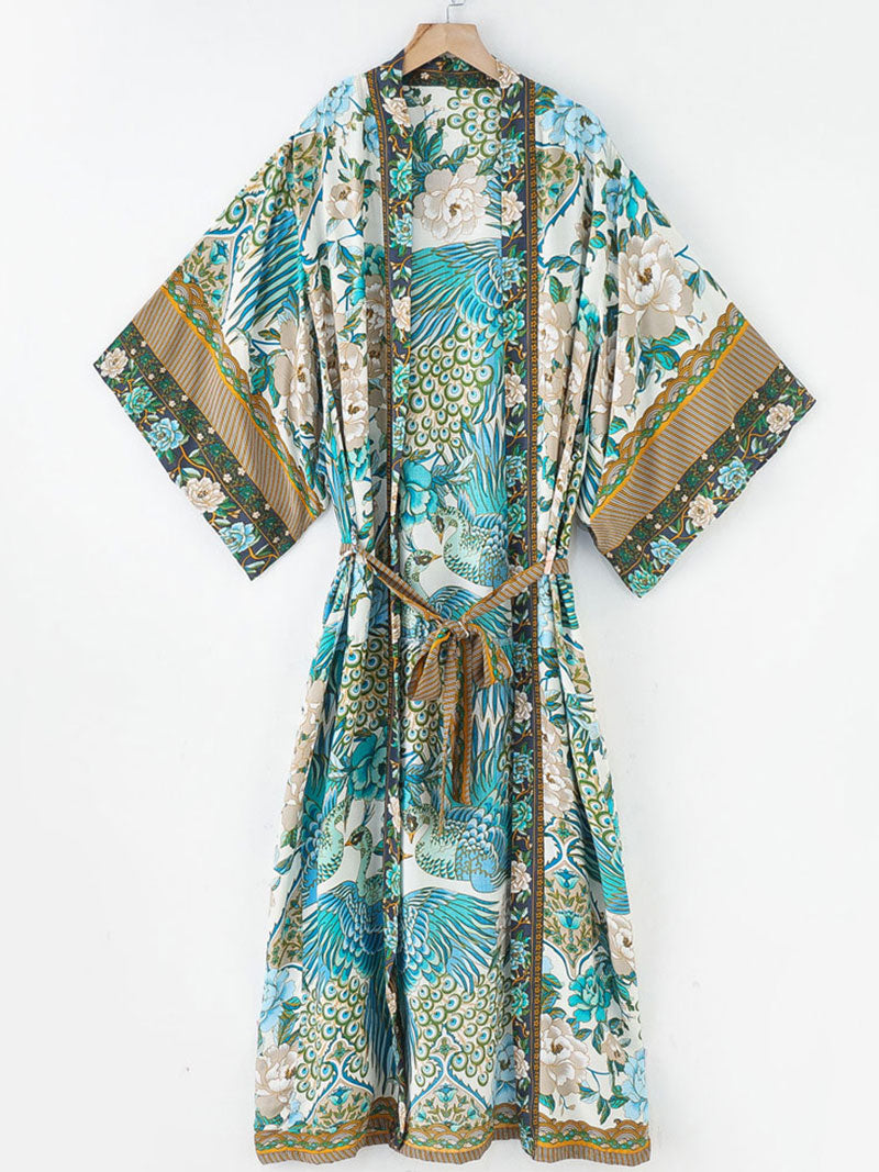 Beachwear Cotton Long Length Floral With Birds Print Blue, White & Green Color Gown Kimono Duster Robe - Fashionpara